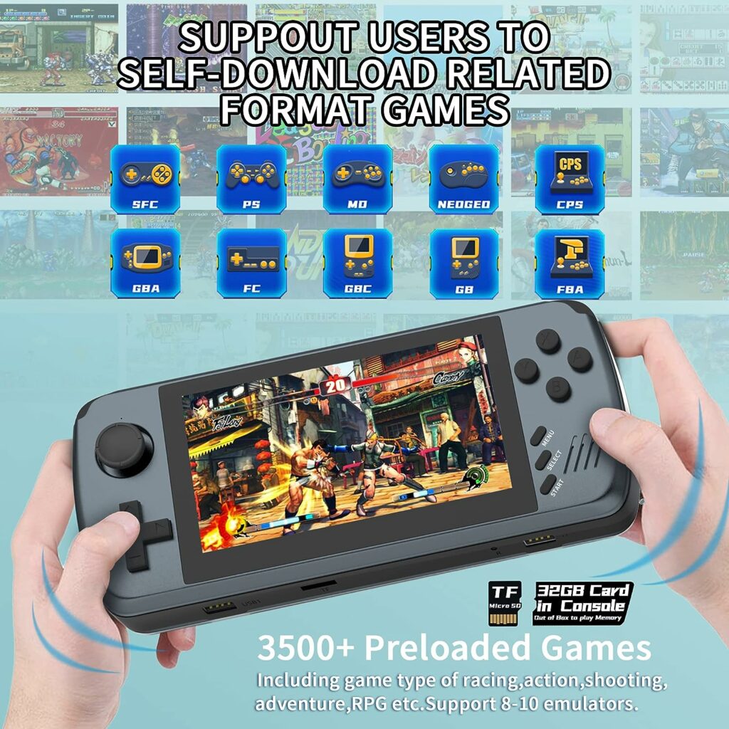 Open Source Handheld Game Console 4.3 Inch IPS HD Retro Game Console ATM7051 CPU Quad Core ARM CORTEX-A9 with 3500+ Classic Video Games, Support Multi-Emulator/HD Output/TF Card Expansion