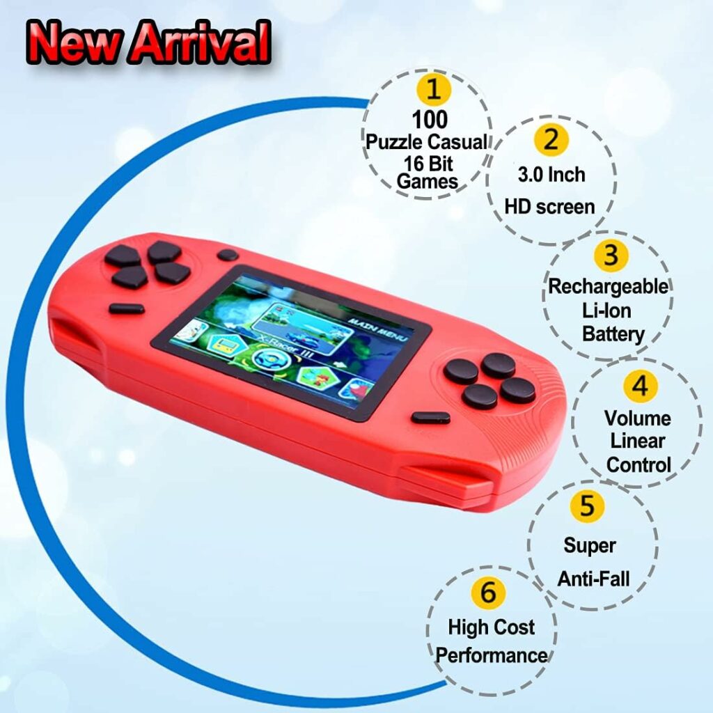 Bornkid 16 Bit Handheld Game Console for Kids and Adults with Built in 100 HD Puzzle Video Game 3.0 Large Screen Senior Electronic Handheld Games Boys Girls Birthday Gift (Red)