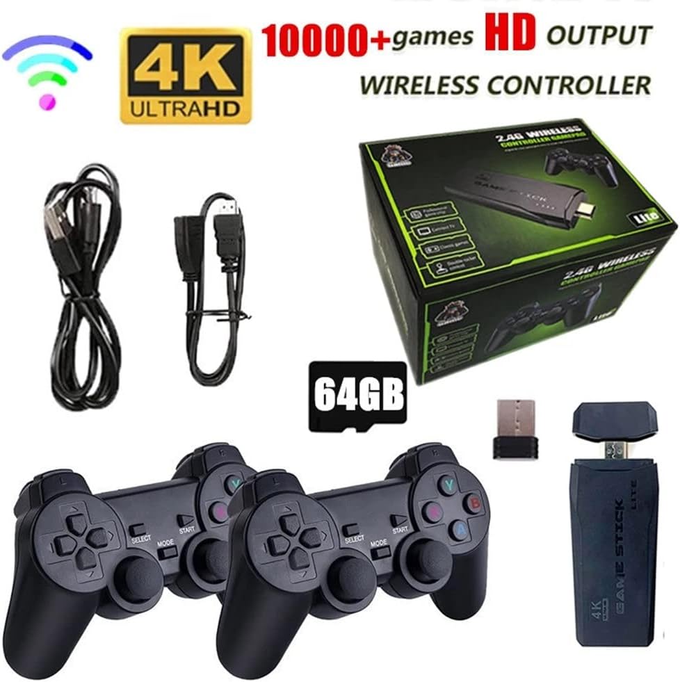 EMEBAY Retro HDMI Video Game Console with 64GB Built-in Card 10000+ Games, Super Wireless USB Game Console Plug and Play TV Stick with 2 Game Controllers Support 4K HD Output (M8)