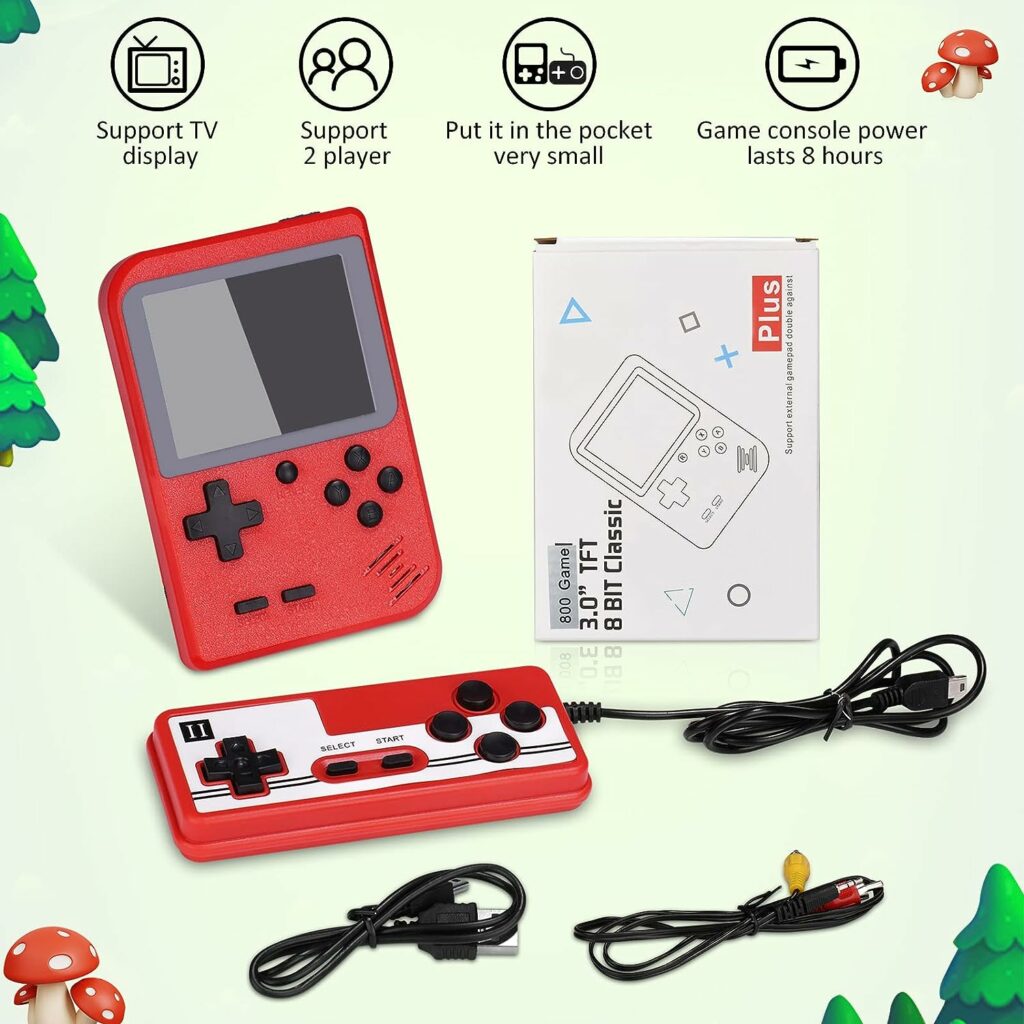 Handheld Game Console, Portable Mini Retro Game Player with 800 Classical FC Games, Support 2 Players  TV Connection, 1020mAh Rechargeable Battery, Present for Kids Boys Girls and Adults (Red)