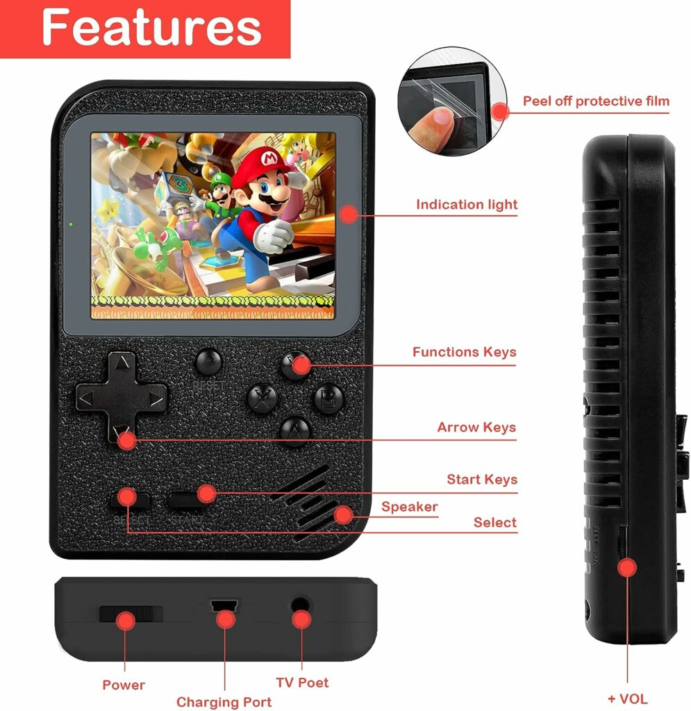 Handheld Retro Games Console, Portable Mini Game Player with 400 Classical Games, 2.5-Inch Color Screen Support for Connecting TV Two Players, 1020mAh Rechargeable Battery, Best Gift for Game Boy