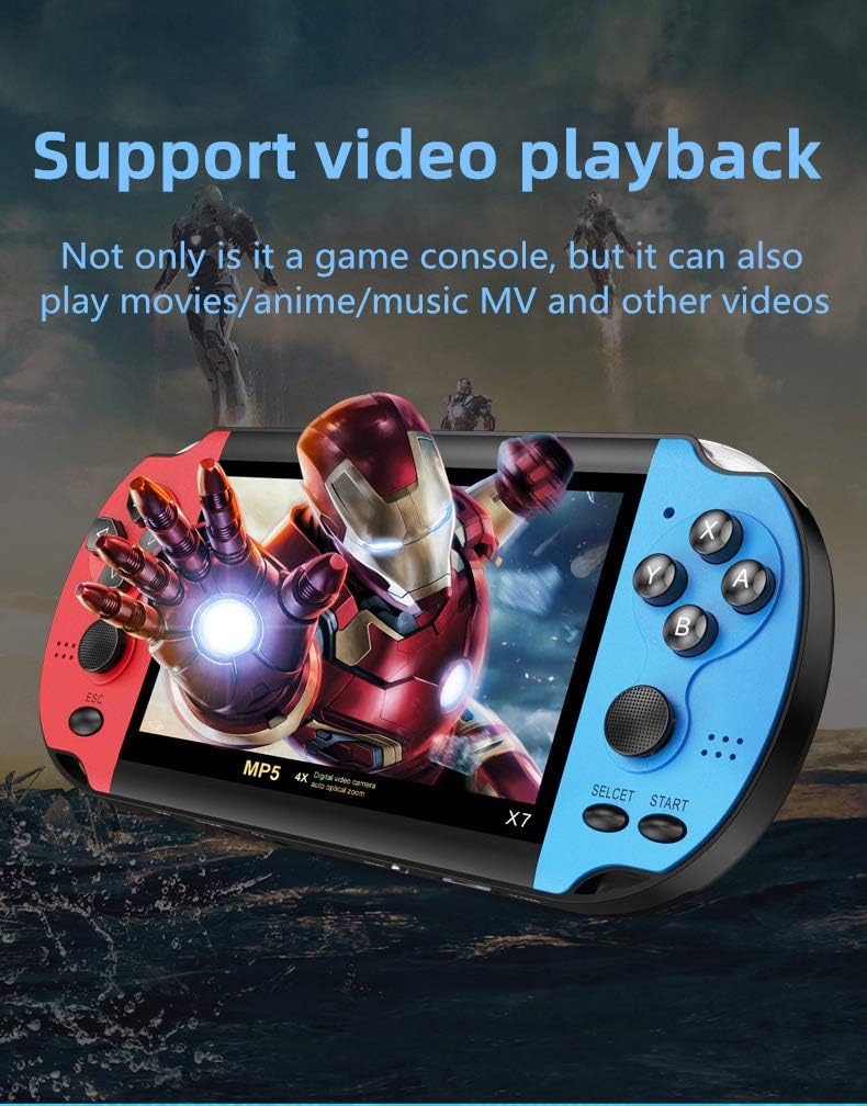 HLF 4.3 inch dual joystick color video game console built-in 3000 games support 10 kinds of simulators game video music AV OUT rechargeable lithium battery (Bluered)