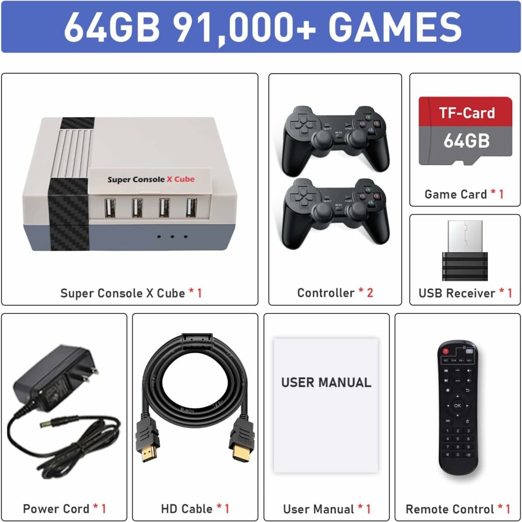 Kinhank Retro Games Console 64GB, Super Console X Cube Plug  Play, Built in 91,000+ Games, 60+ Classic Emulators, EmuELEC 3.9/Android 6.0 System in 1, 4K UHD Display, with 2 Controllers