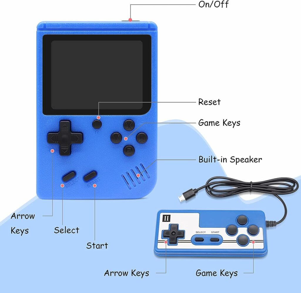 Retro Games Console,Mini Games Console, Handheld Games Console,with 500 Classic Games, 600mAh Rechargeable Battery Support TV Connection, Two Players, for Game Boy Kids Adults (Blue)