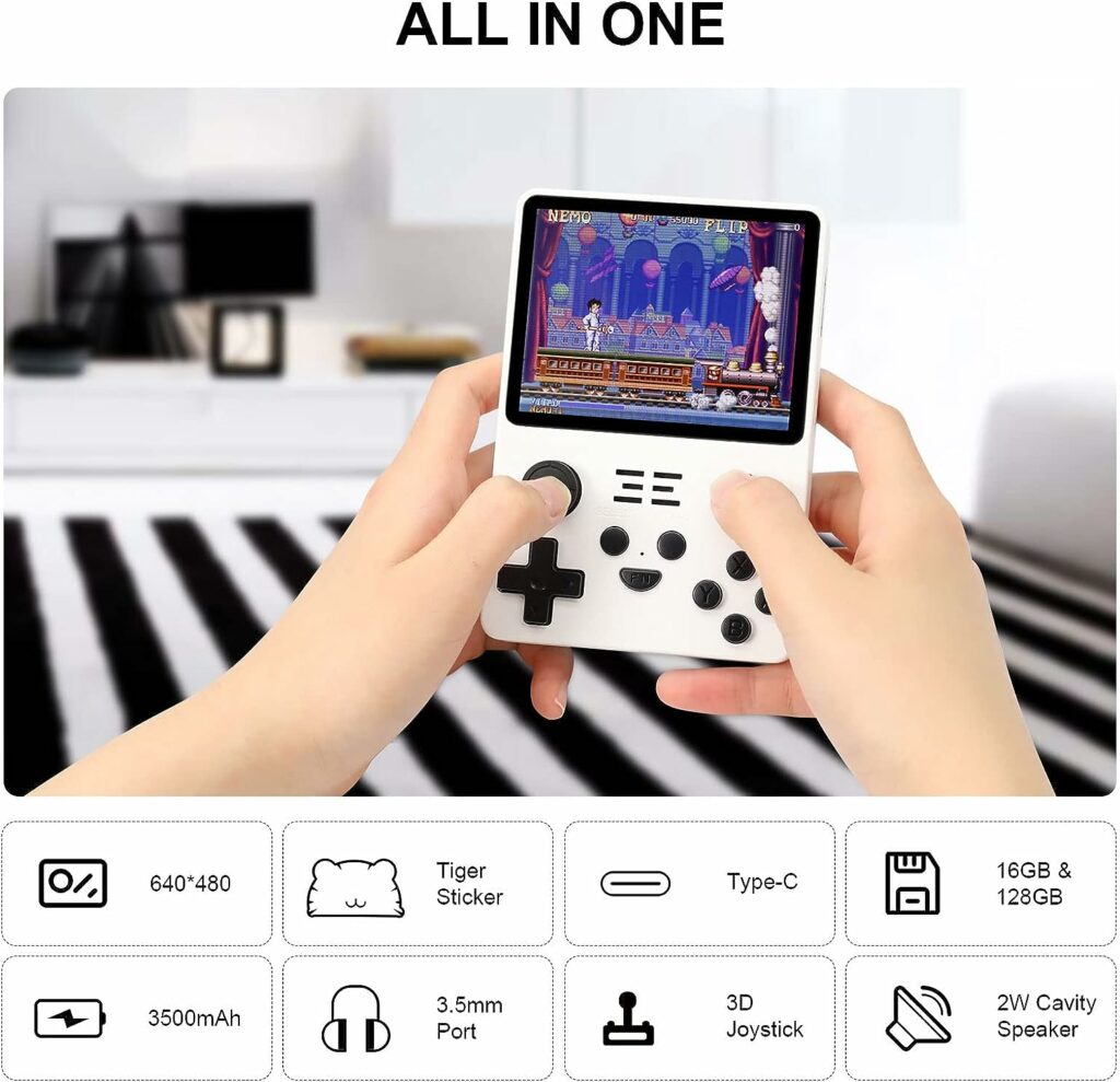 RGB20S Handheld Game Console with 20000 Games, 3.5 Inch IPS Screen, Open Source Arkos System, Portable Game Consoles for Adults and Kids, 16G+128G, White