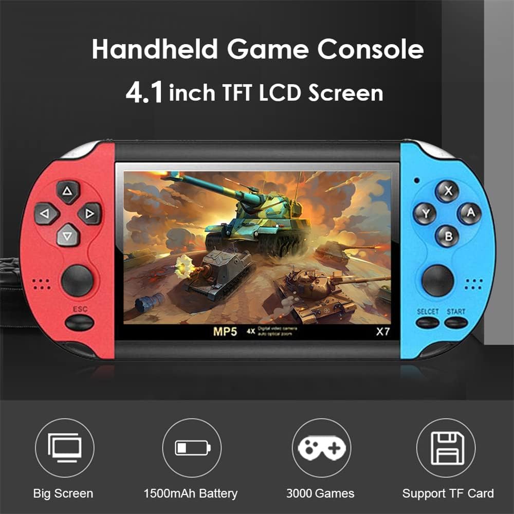 YTFSKFUI Handheld Game Console, 4.1 Inch Screen Handheld Games Consoles Built In 10000+ Games, Rechargeable Hand Held Game Consoles, Game Console Support Video Music E-Book Headphones(Redblue)
