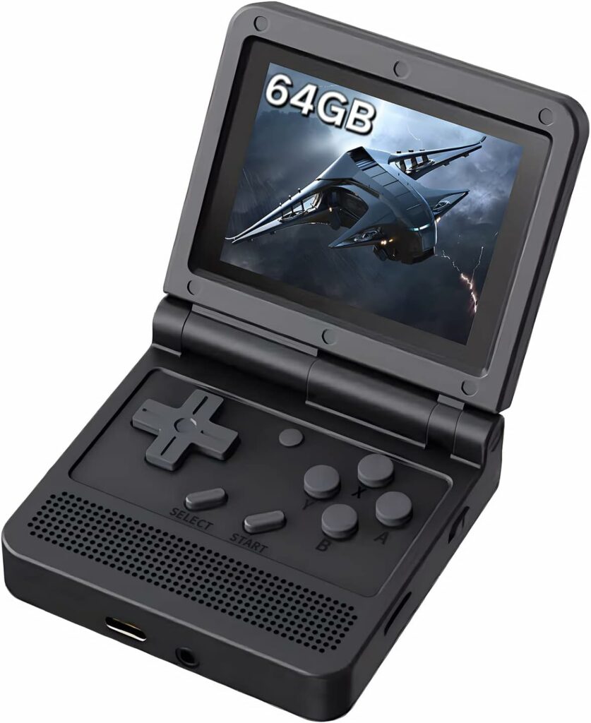 Retro Handheld Game Console 3 inch IPS Screen, Mini Clamshell Open Source System Games Consoles with 64G TF-6000+ Games, Portable Style Hand Held Game Video Consoles，TYPE-C charging (black)