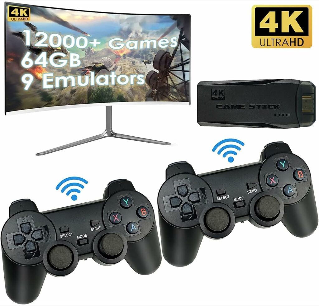 Wireless Retro Game Console, Nostalgia Game Stick Built in 12000+ Games for 9 Classic Emulators, 4K HDMI Output Retro Game Stick for TV, Dual 2.4G Wireless Controllers and 64G TF Card