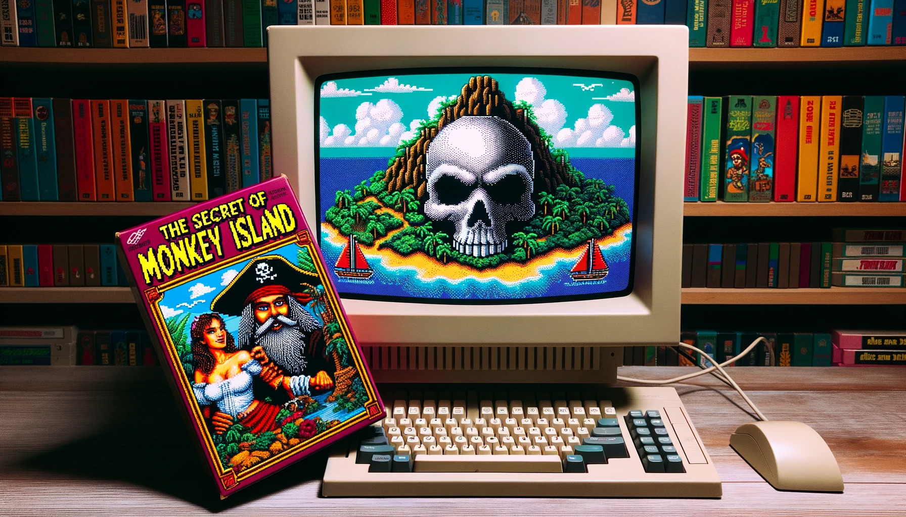 Photo of a vintage computer monitor displaying pixelated graphics of a Caribbean island with a skull-shaped mountain. Next to the monitor, a classic g
